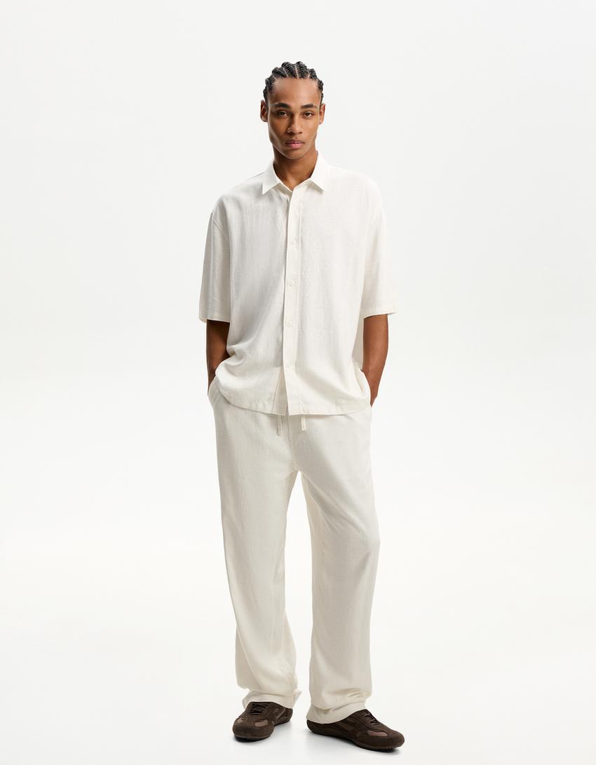 Linen blend wide-leg sweatpants-White