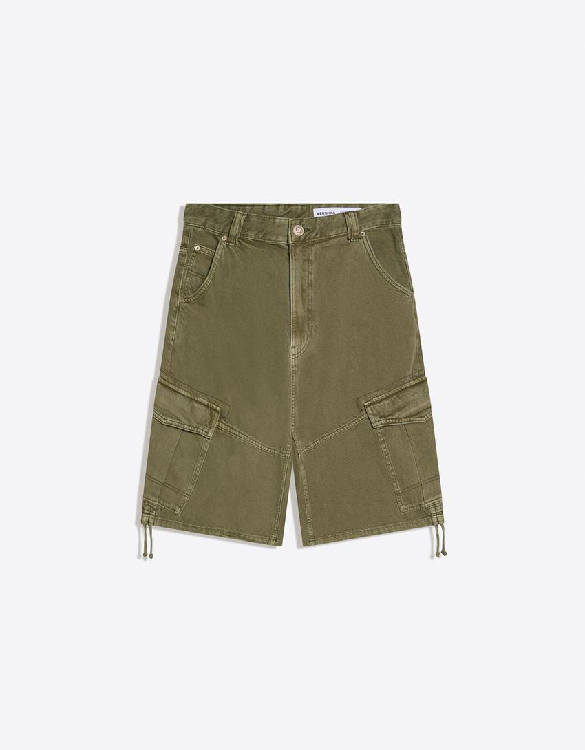 Bermuda en jean cargo parachute-Kaki