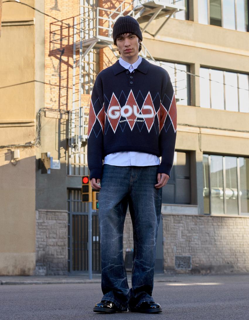 Pull col polo imprimé-Marine
