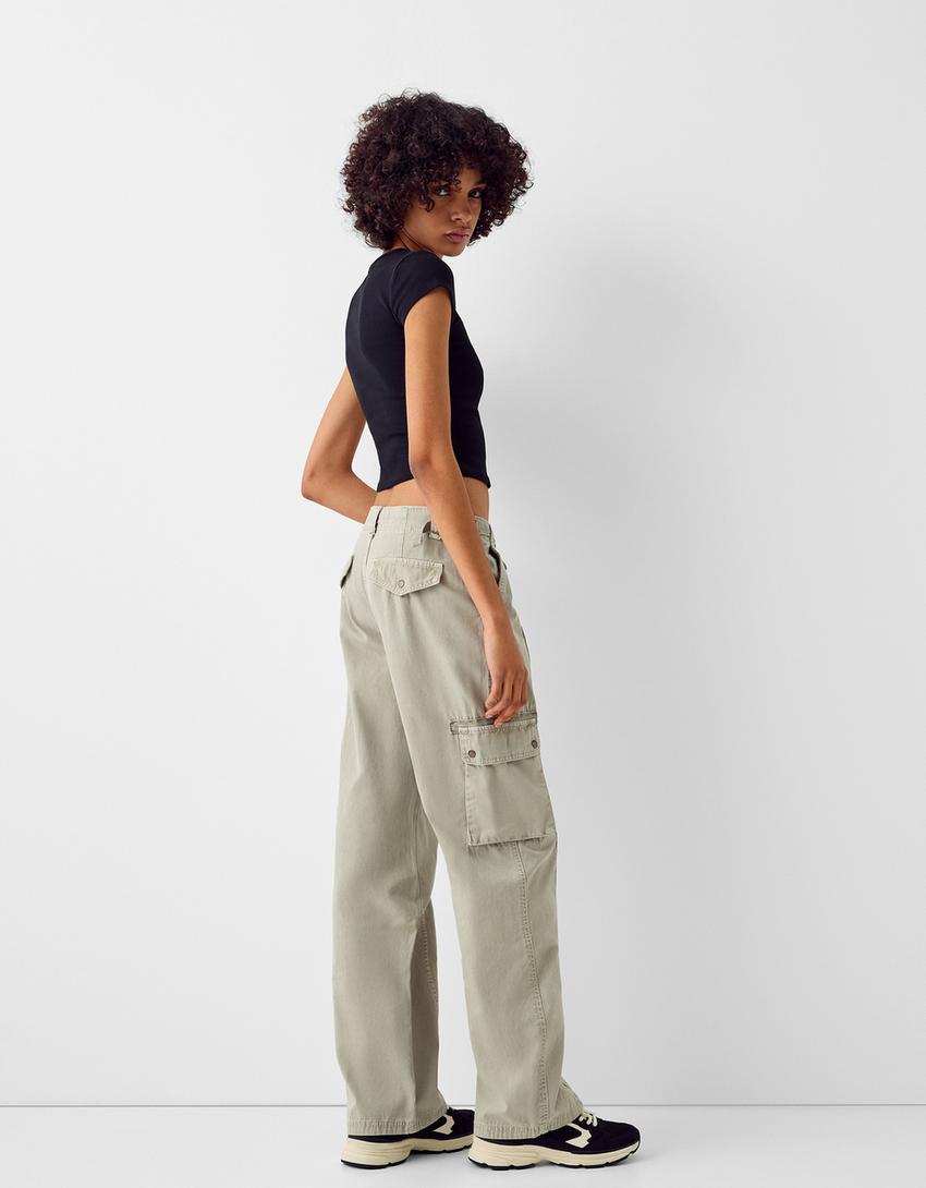 Calças straight cargo ajustáveis algodão-Caqui-2