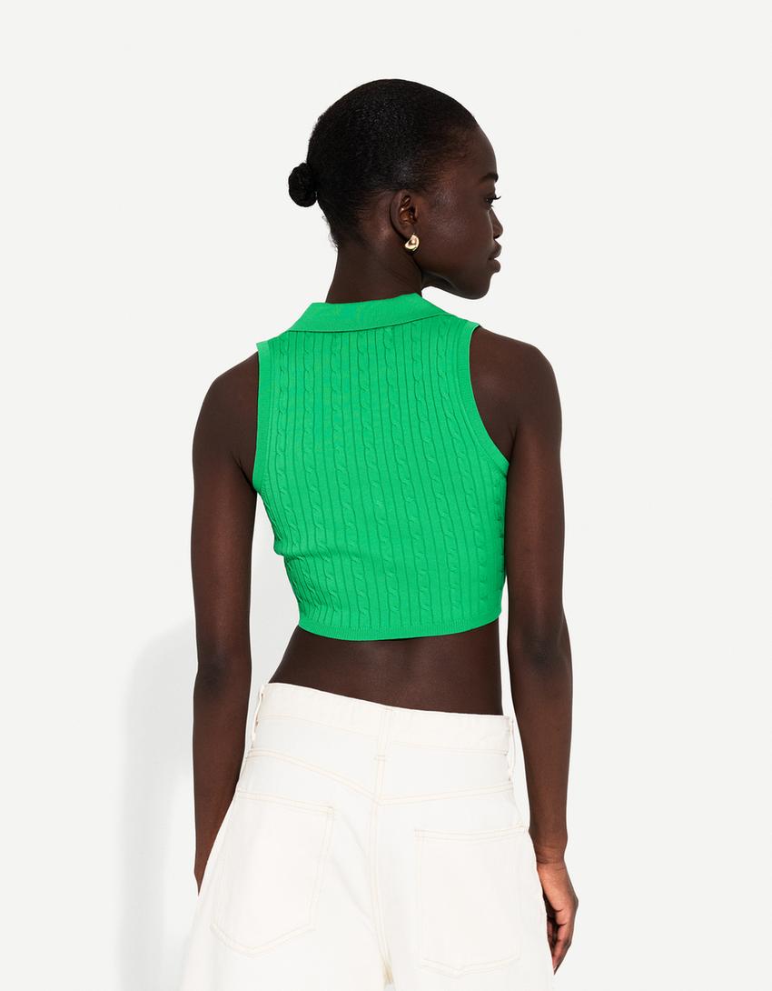 Top con collo a polo intrecciato-Verde-1