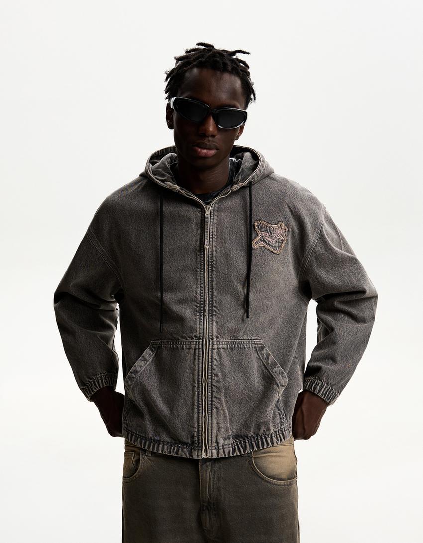 Hooded denim jacket with patches-Brown-2