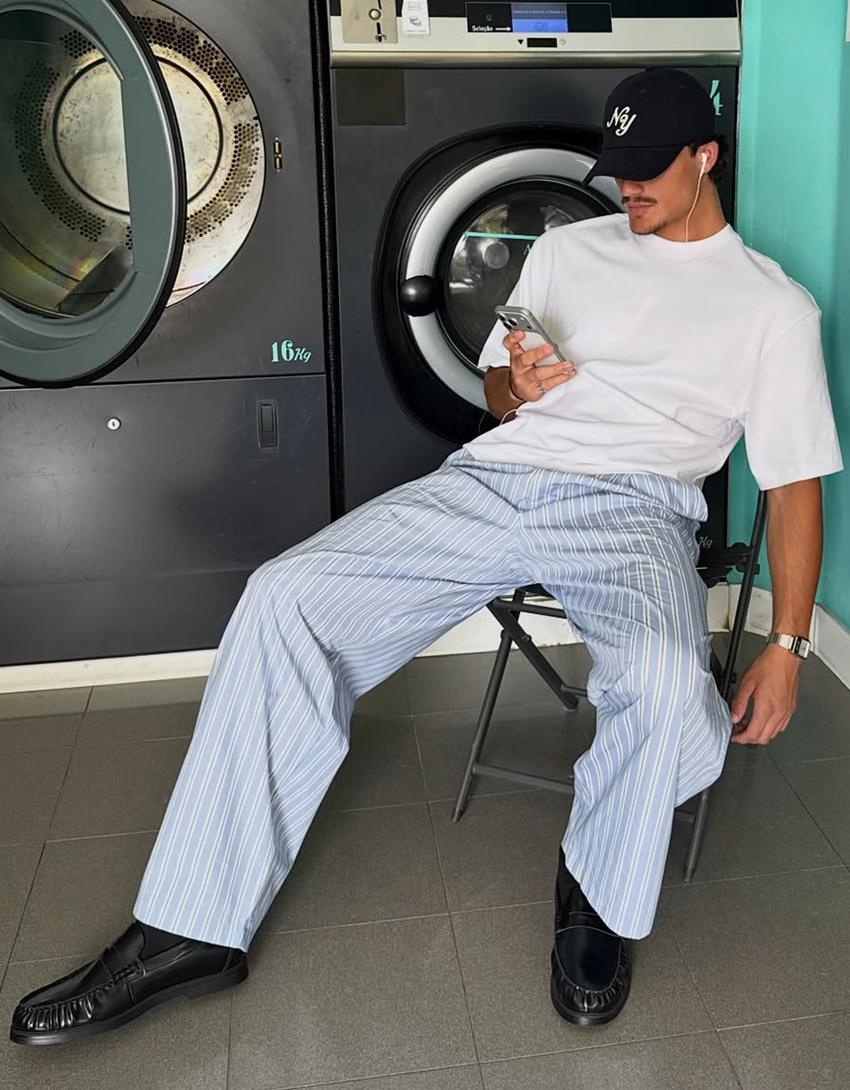 Super baggy striped trousers-Blue