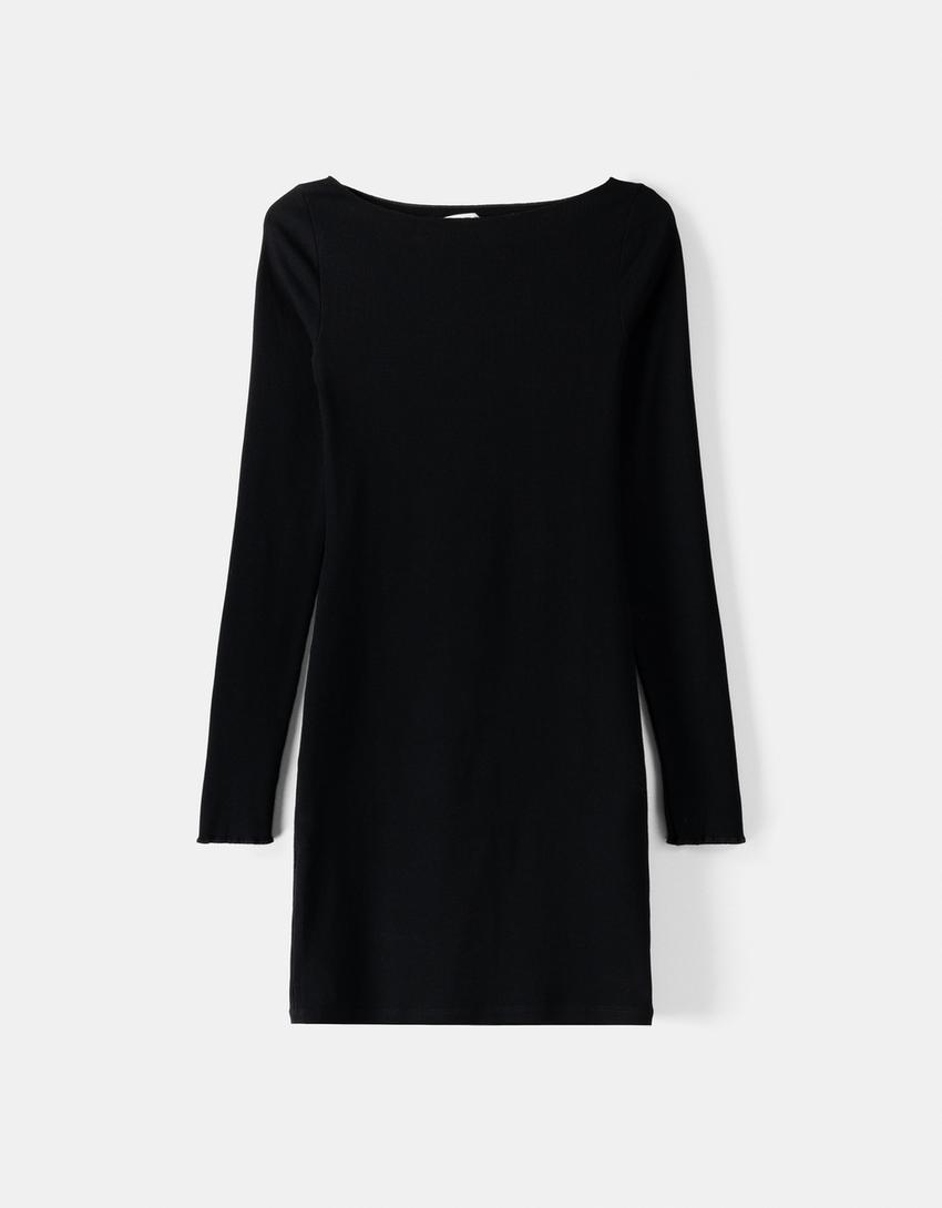 فستان ميدي محاك ومضلع بأكمام طويلة وياقة بوت-أسود-4