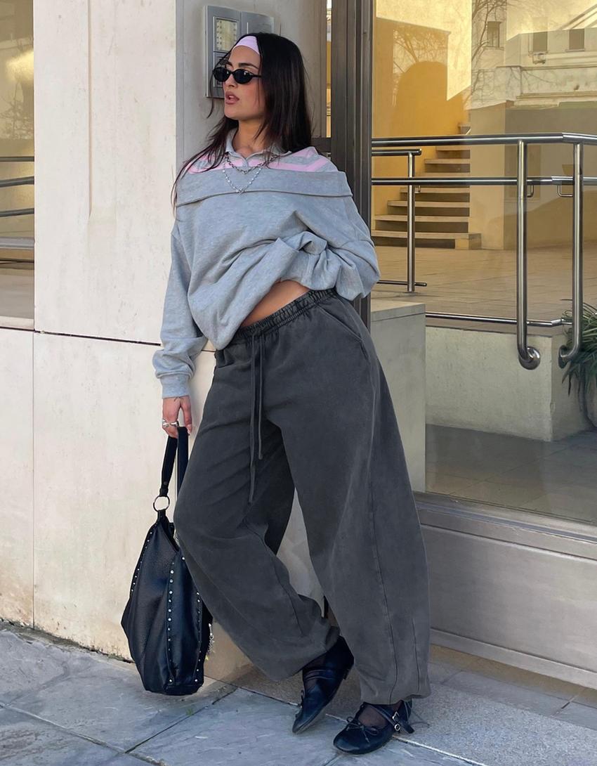 Stoperli barrel fit şardonlu eşofman altı-Gri