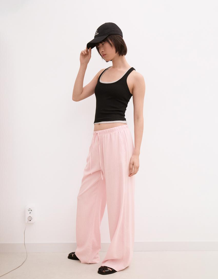 Linen blend trousers with an elasticated waistband-Pink