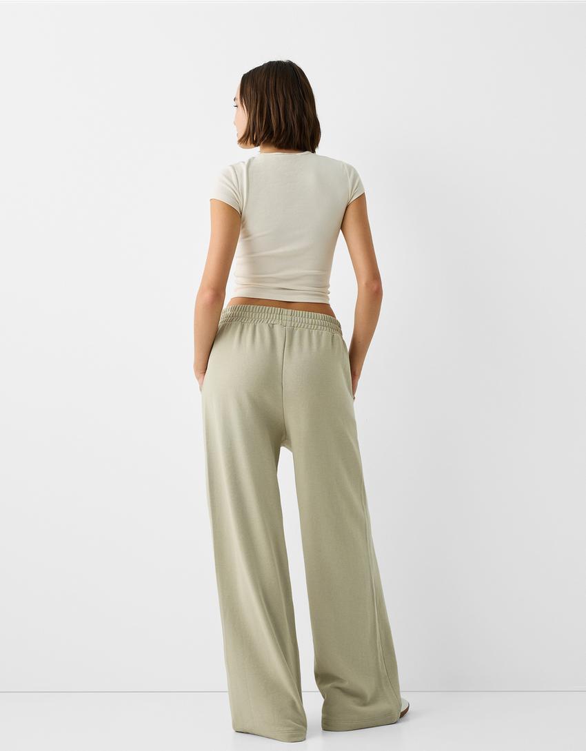 بنطلون من نسيج البلش بساق عريضة-كاكي-2