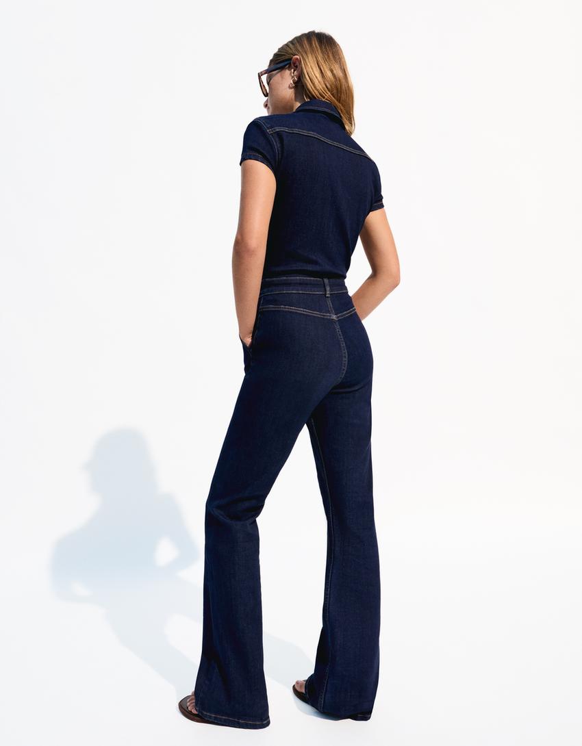 Tuta intera lunga in denim a maniche corte-Marino-1
