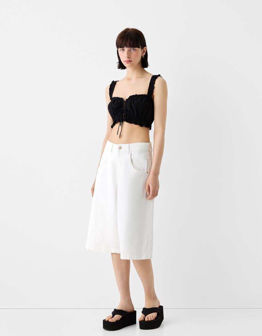 Textured striped top with tie detail-Black-3