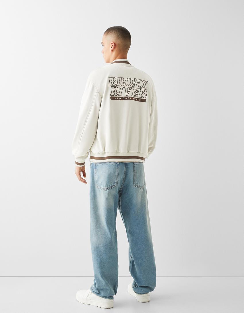 Faux suede embroidered bomber jacket-Stone