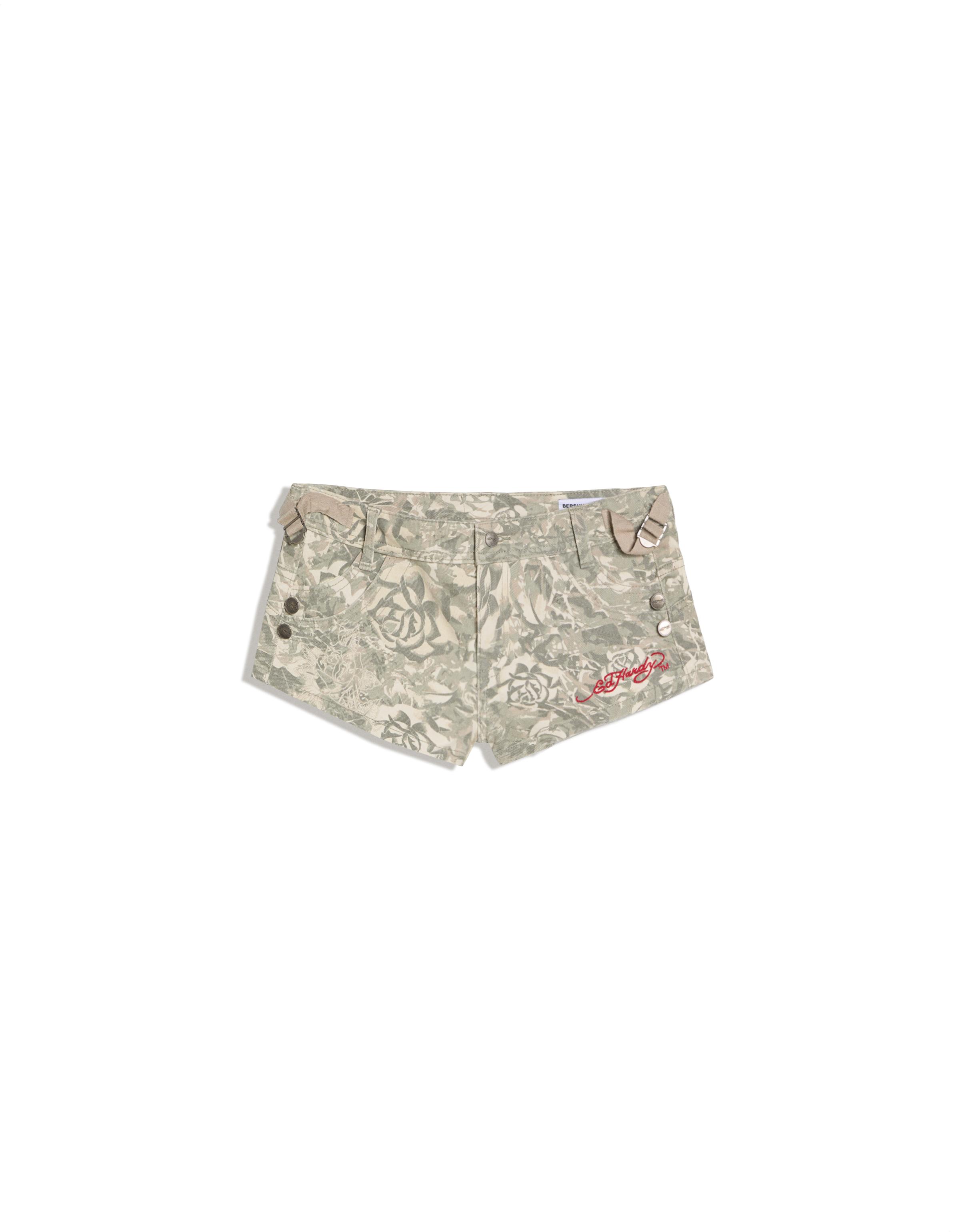 ED HARDY X BERSHKA embroidered shorts — Khaki