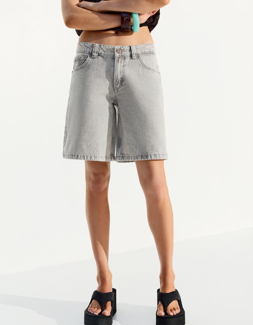 Baggy denim shorts-Grey
