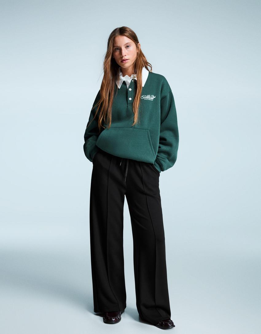 Yumuşak wide leg pantolon-Siyah