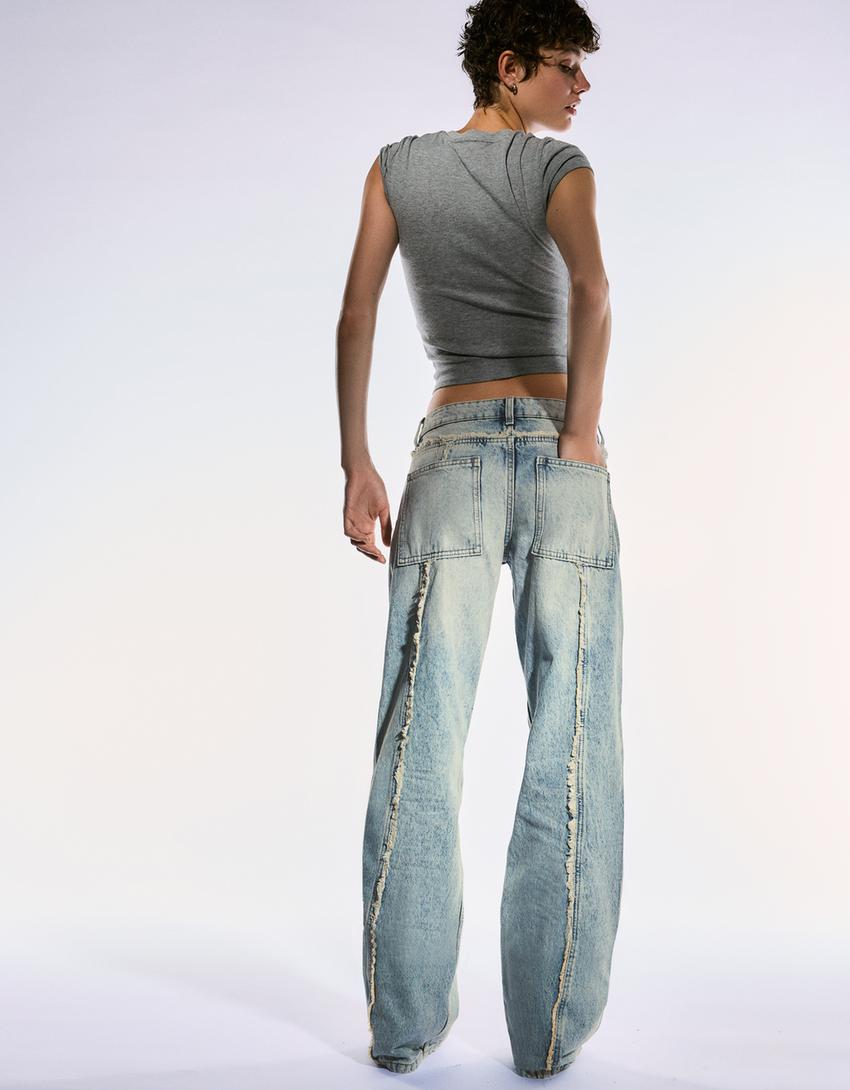 Low waist baggy jeans with fringing-Light blue-0