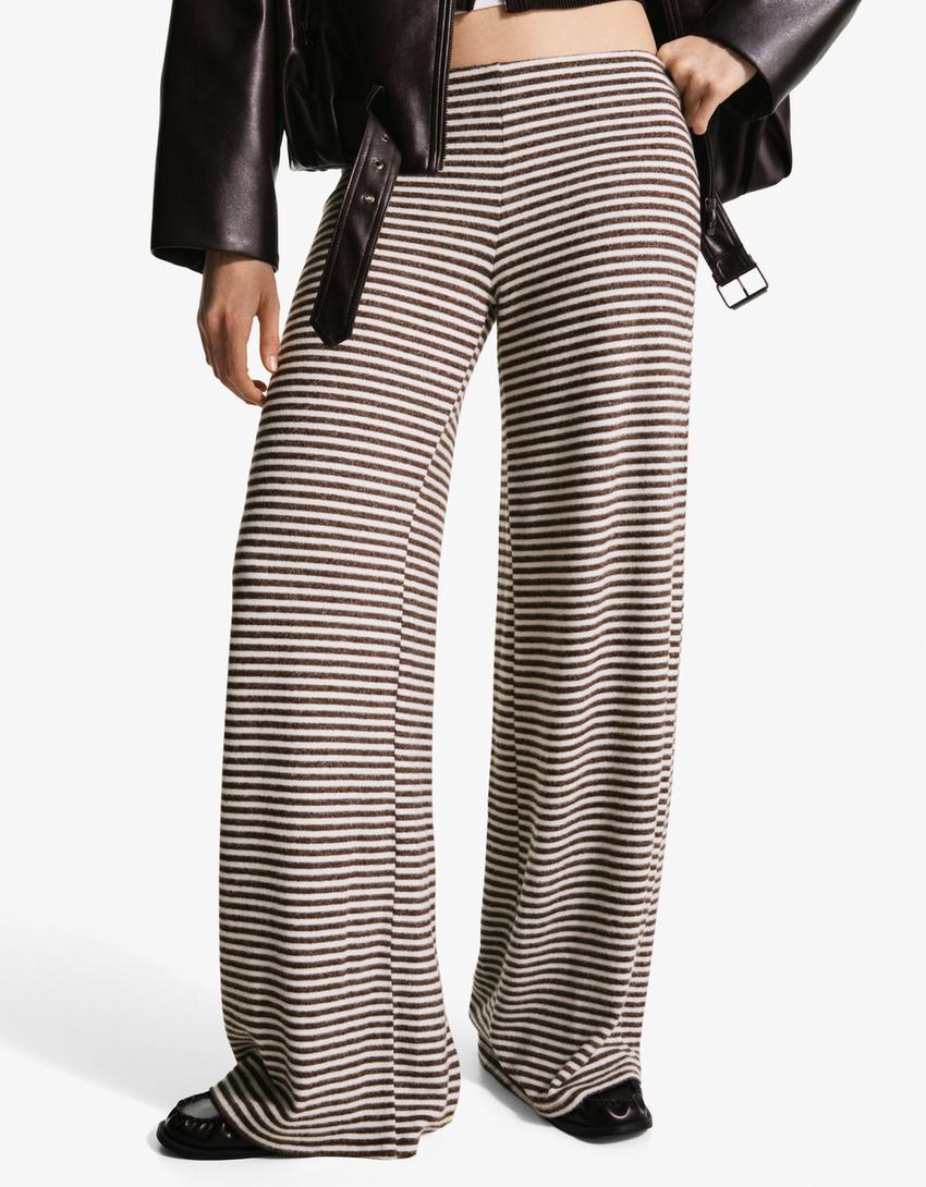 Pantalon wide leg en maille à rayures-Marron