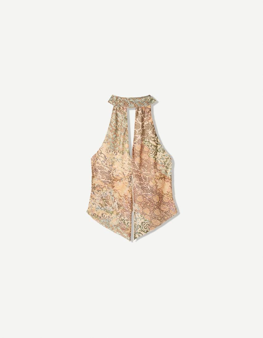 Printed tulle halter top-Green-3