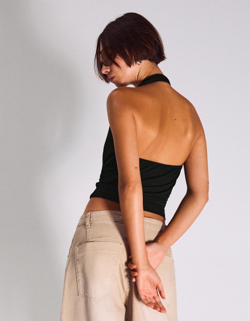 Ruched crossover top with sash-Black