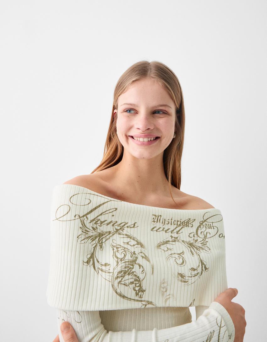 Pull Bardot manches longues broderie-Blanc cassé-3