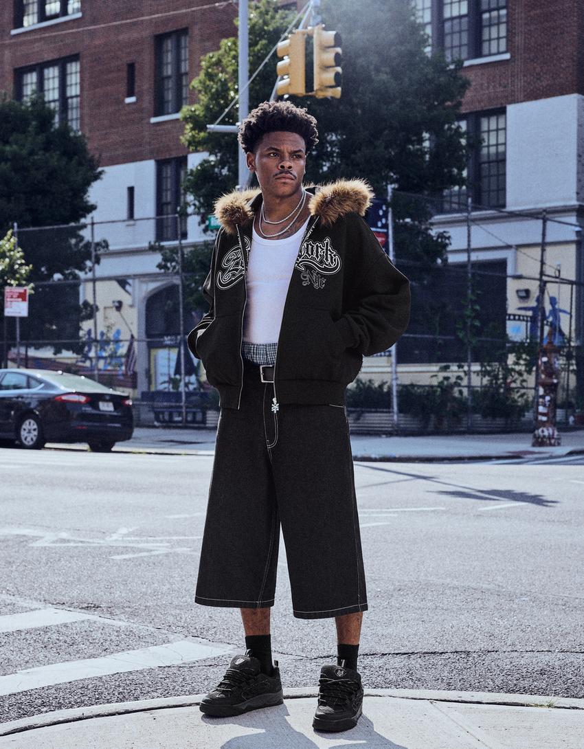 ZOO YORK X BERSHKA hooded faux fur jacket-Black