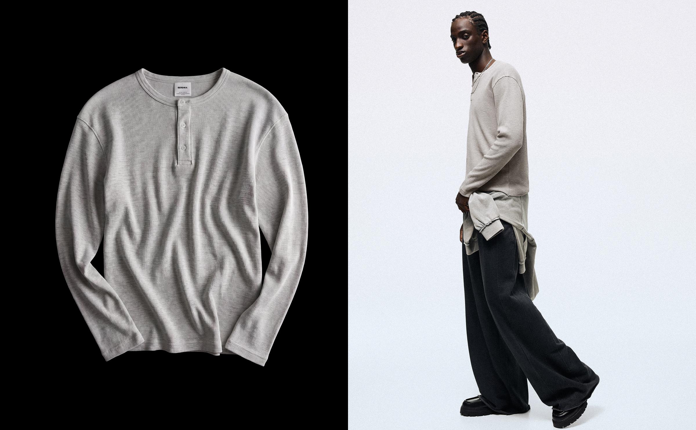 Slim fit long sleeve henley T-shirt — Grey