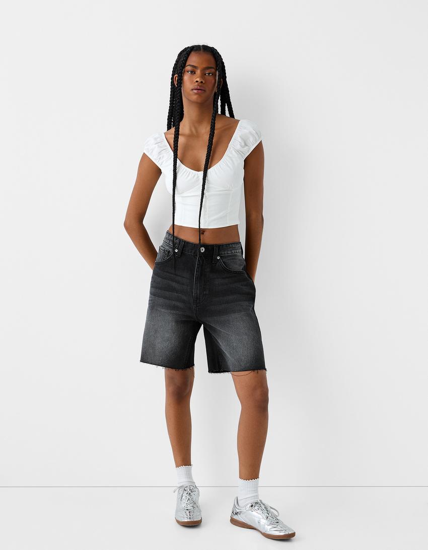 Calções bermuda denim straight 90's-Preto-4