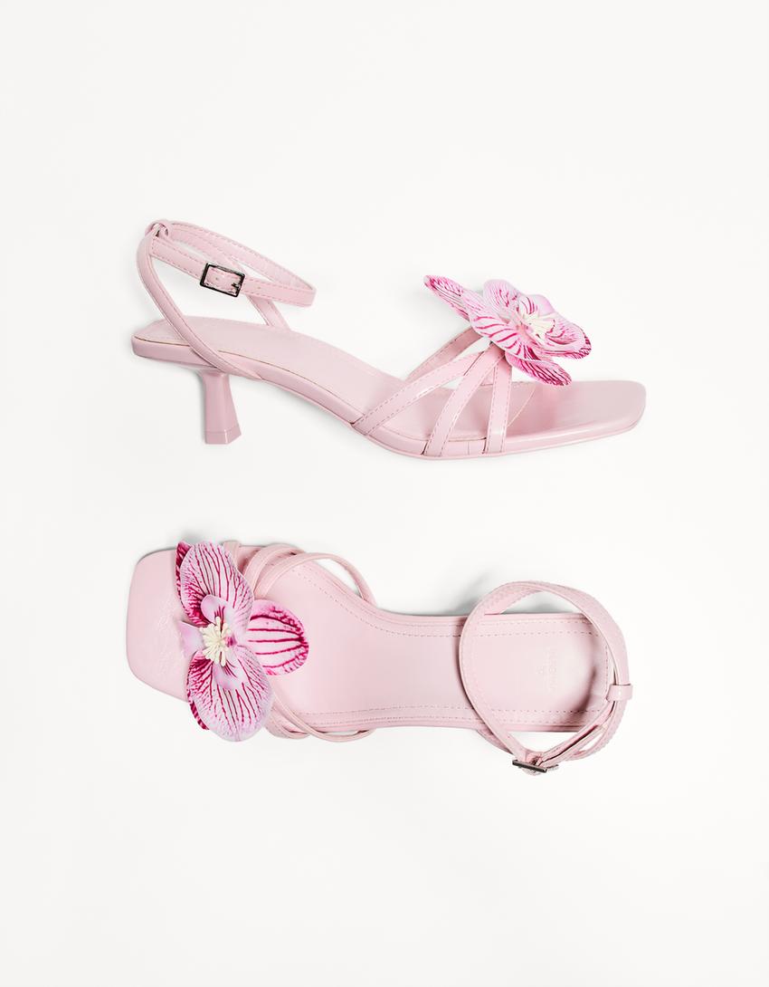 Kitten heel sandals with floral detail-PINK-4