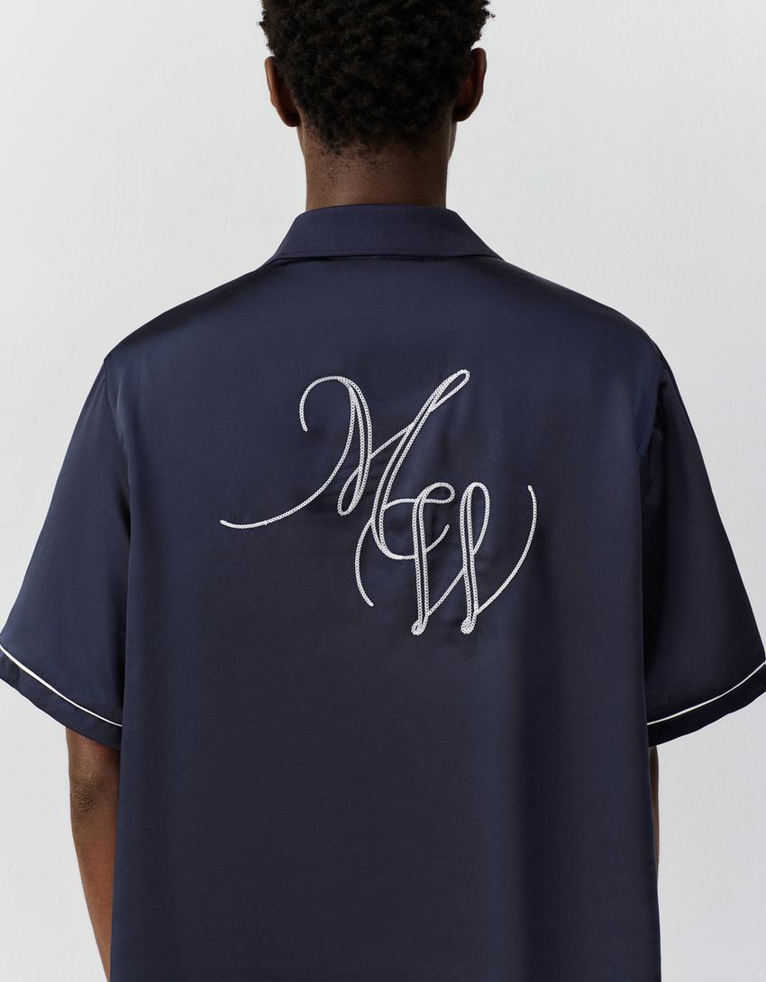 Camicia a maniche corte cropped in satin-Marino