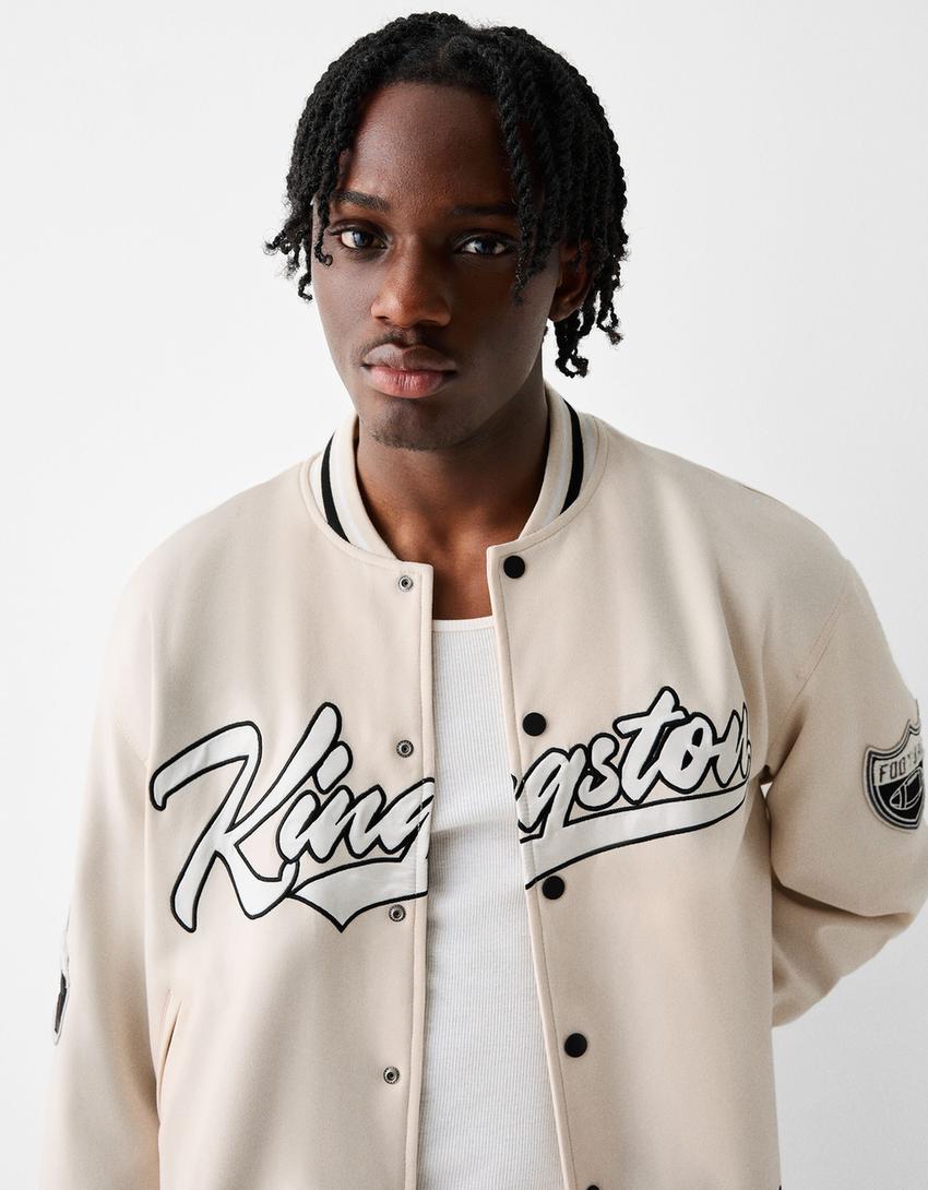 Faux suede embroidered bomber jacket-Off white-2