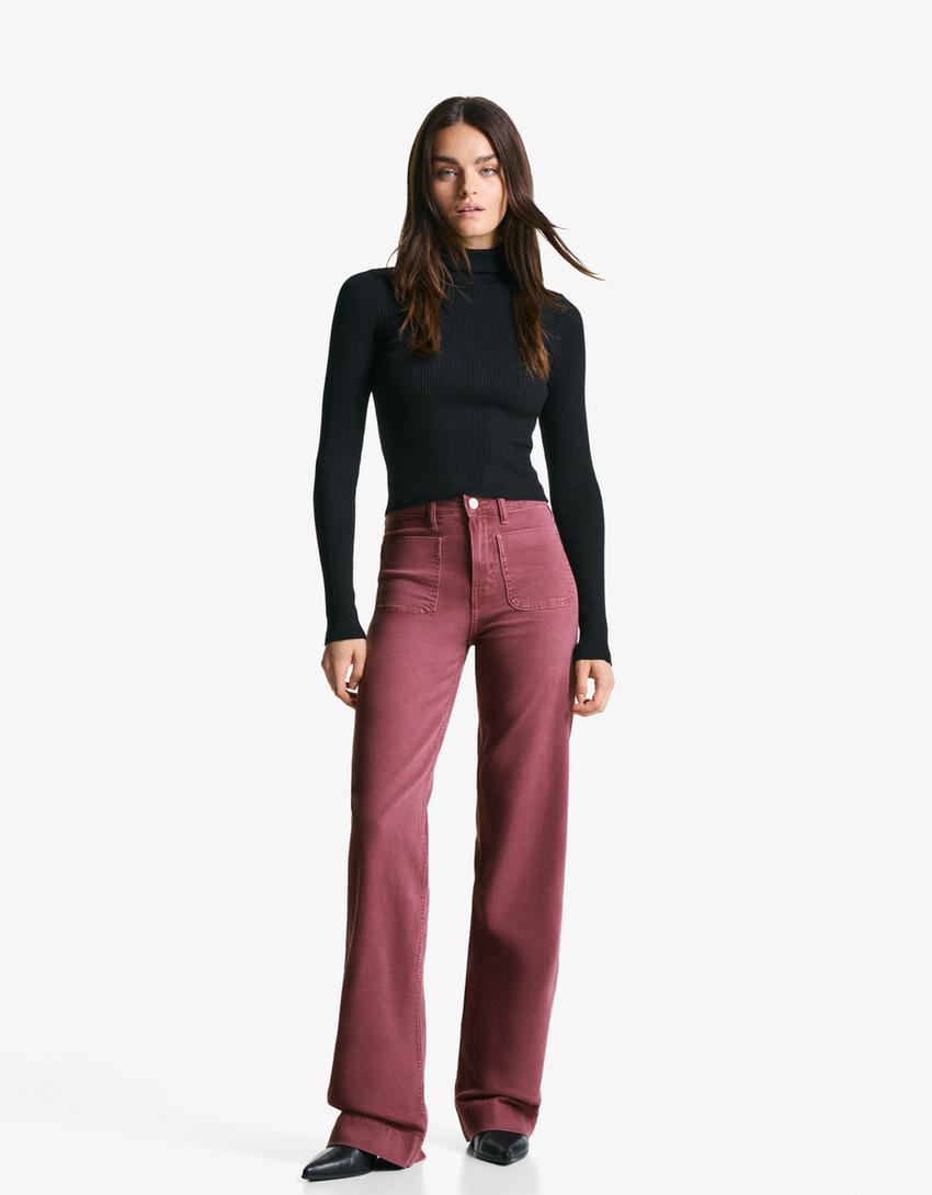 Seamless wide-leg jeans with pockets-Red-0