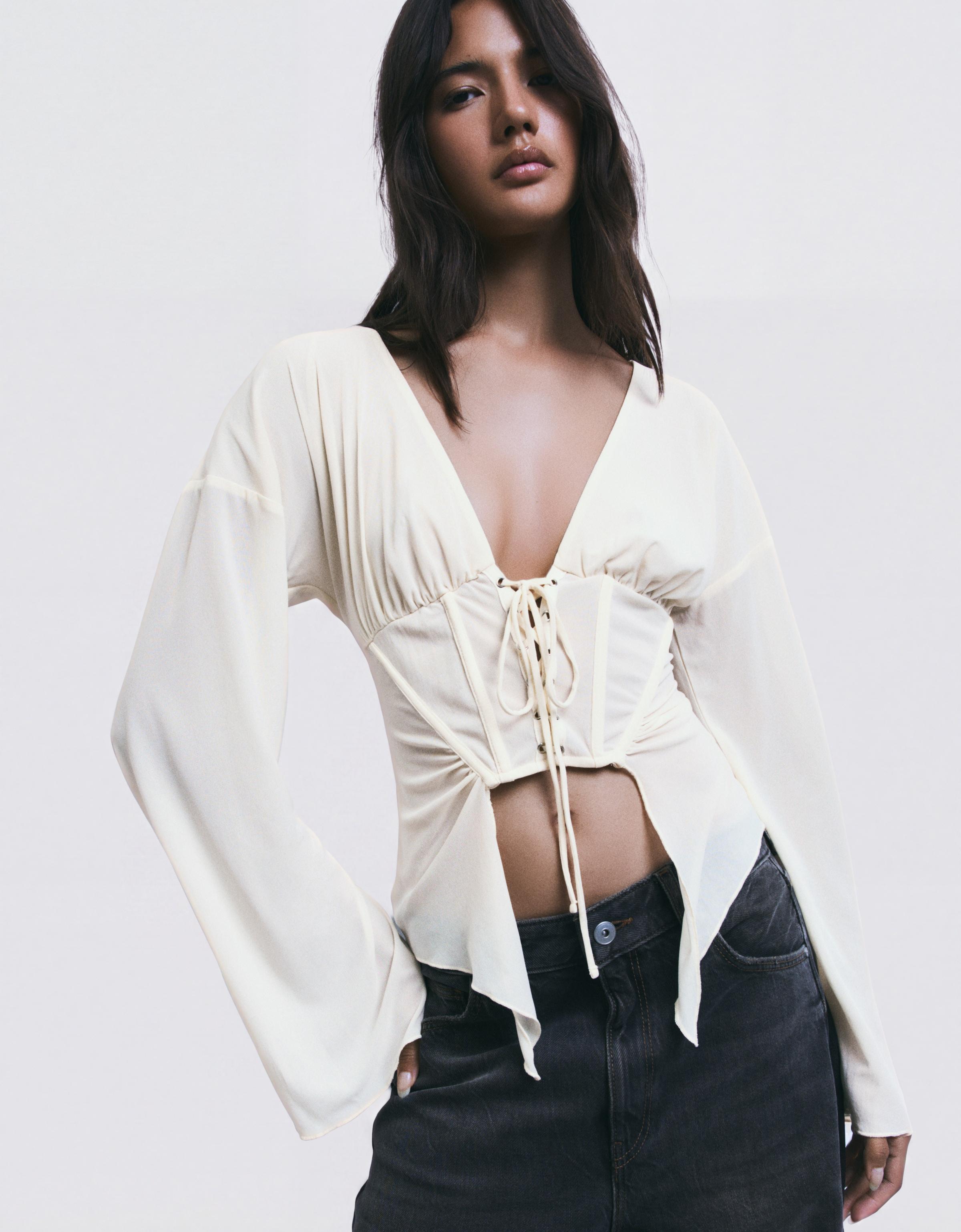 Long sleeve corset-effect T-shirt — Cream