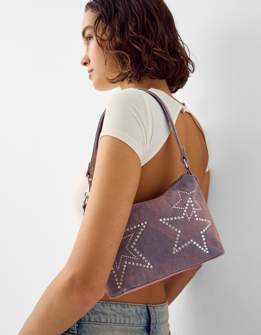 Denim bag with rhinestone stars-Pink-3