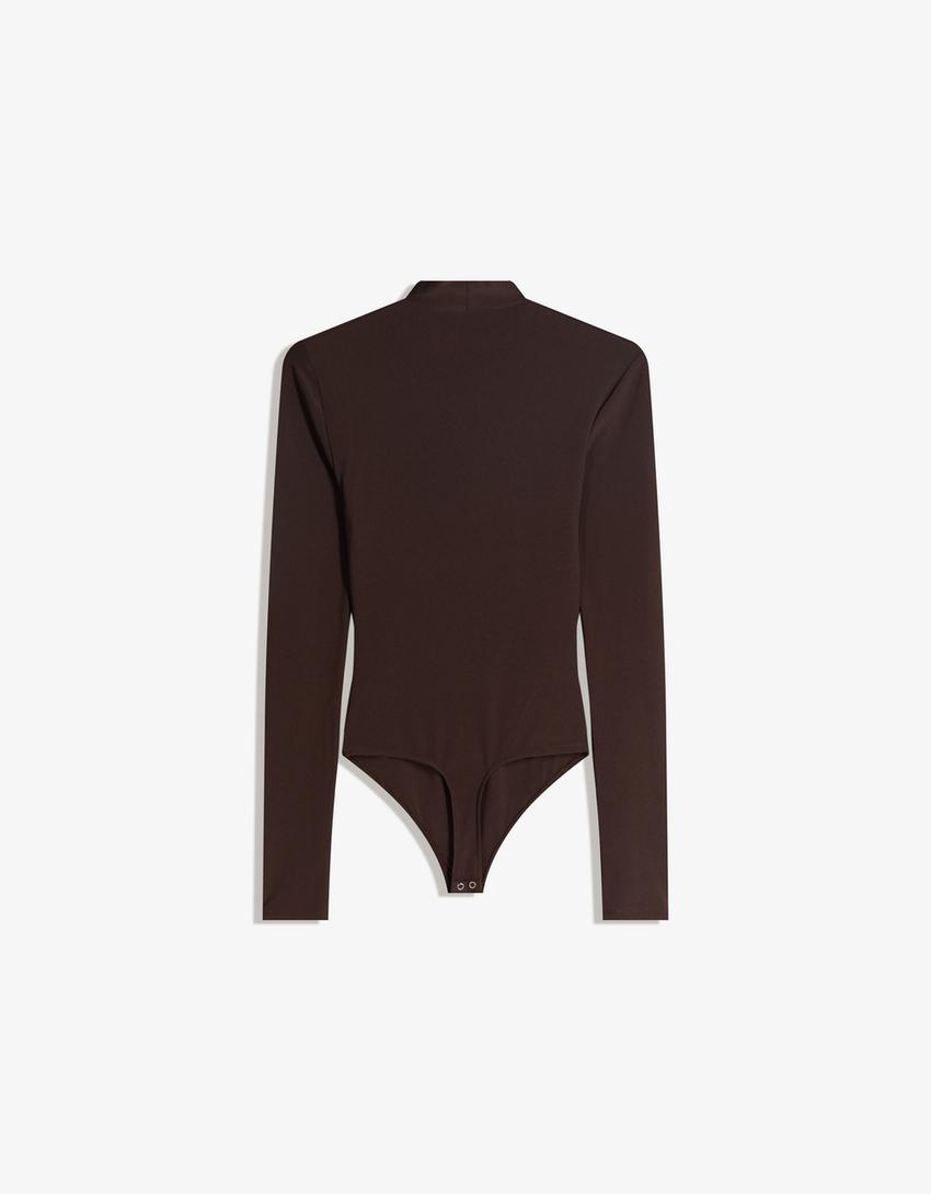 بودي بياقة دائرية وأكمام طويلة-بني