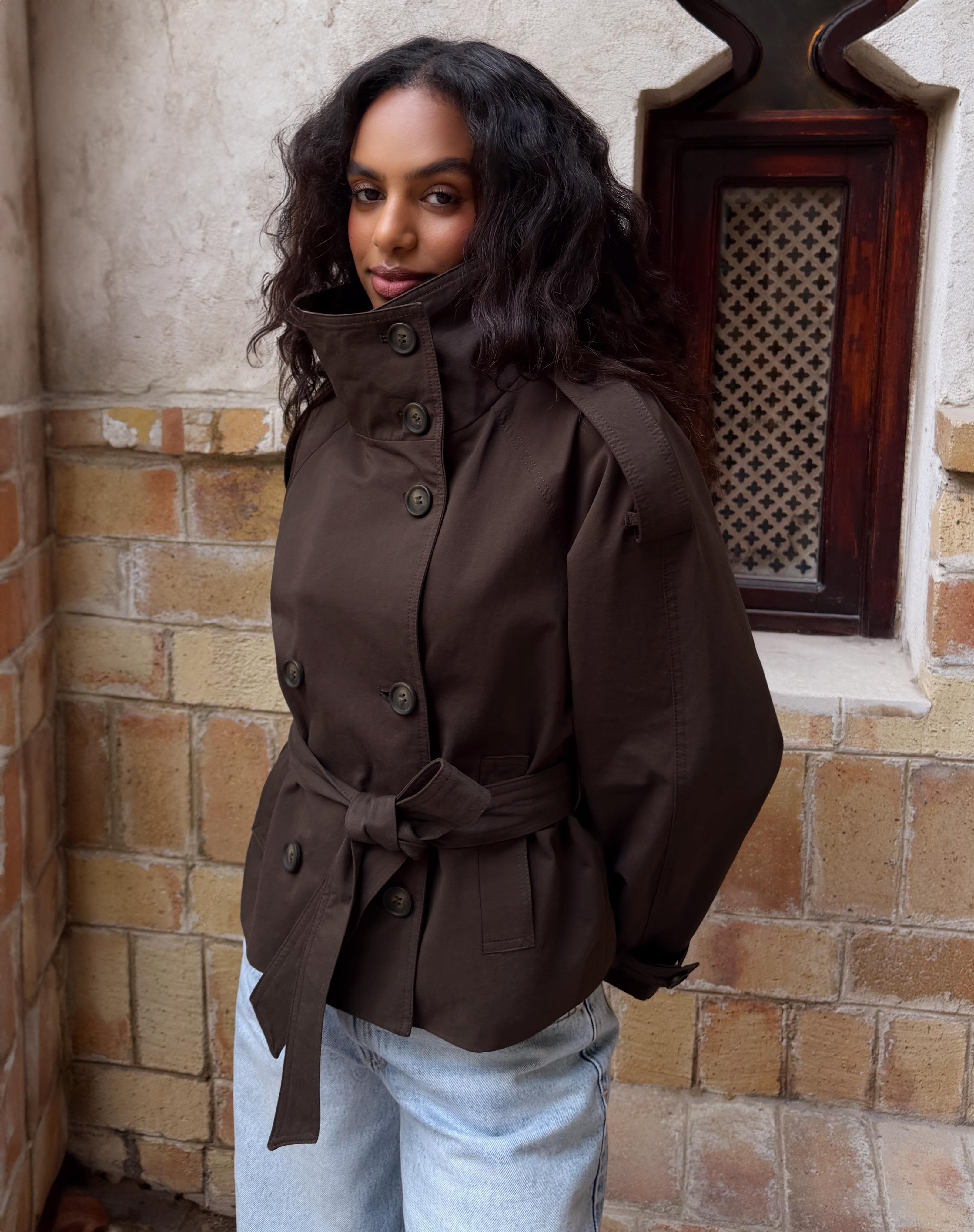 Funnel neck trench jacket — Brown