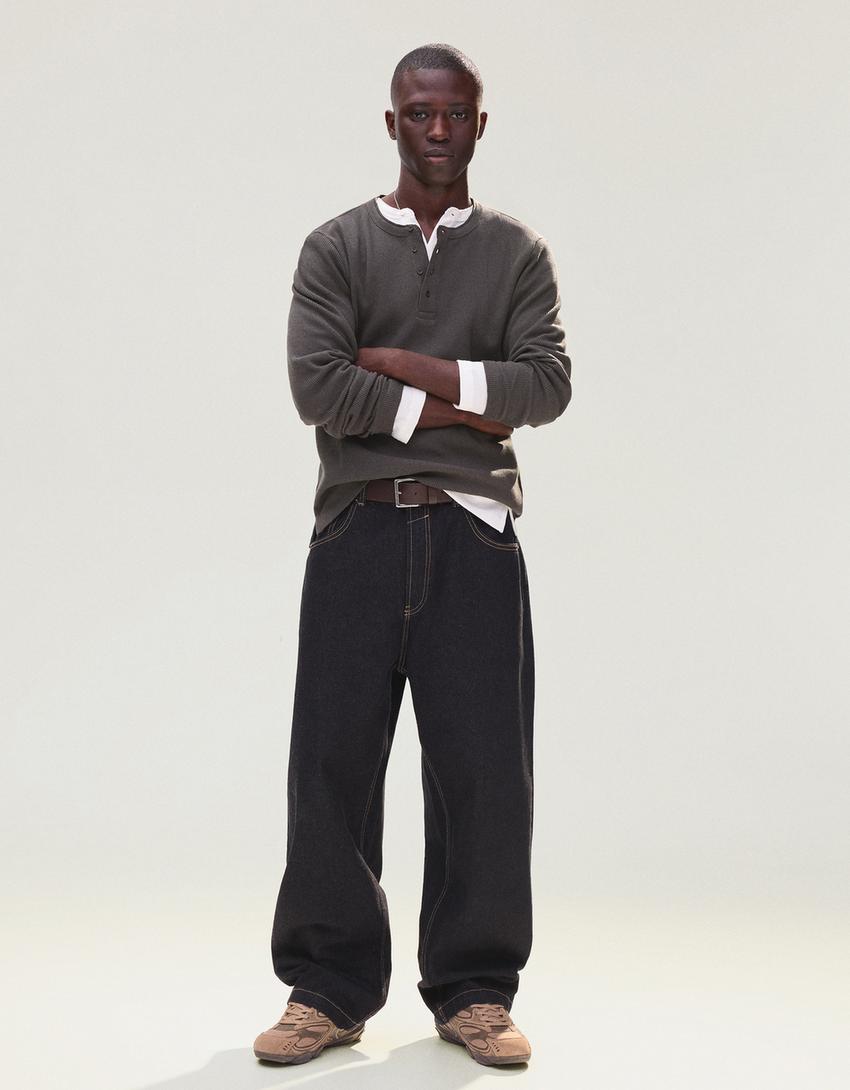 Kaus henley lengan panjang slim fit-Abu-abu gelap