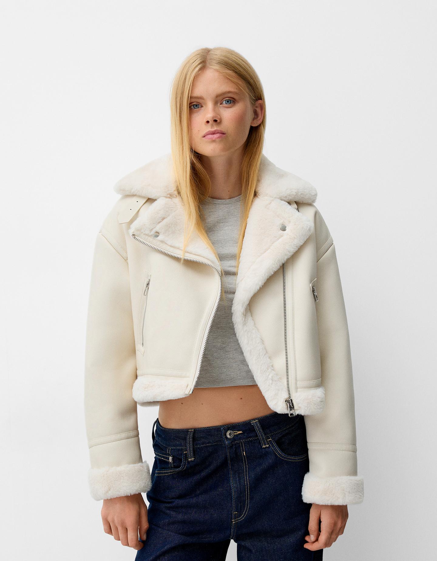 Bershka Cazadora Biker Doble Faz Mujer L Blanco Roto