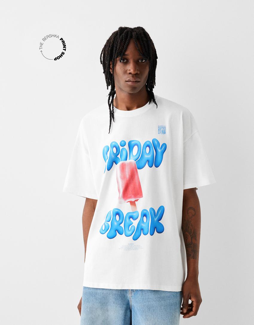 T-shirt Bershka Wearable Art oversize imprimé-Blanc cassé-1
