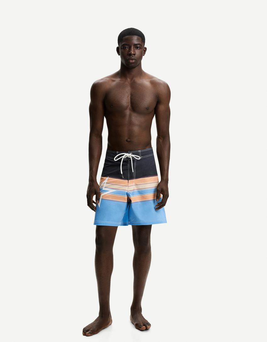Long printed swimming trunks-Turquoise