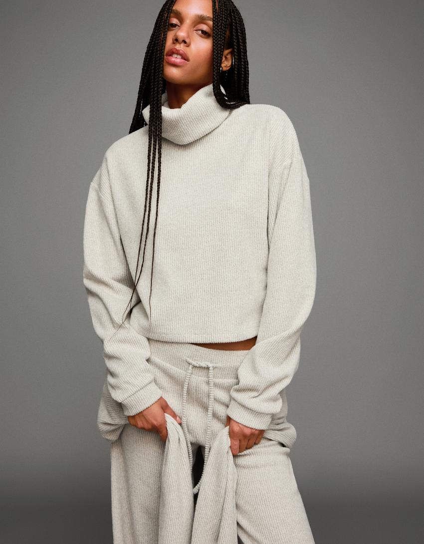 High neck ribbed sweater-Sand