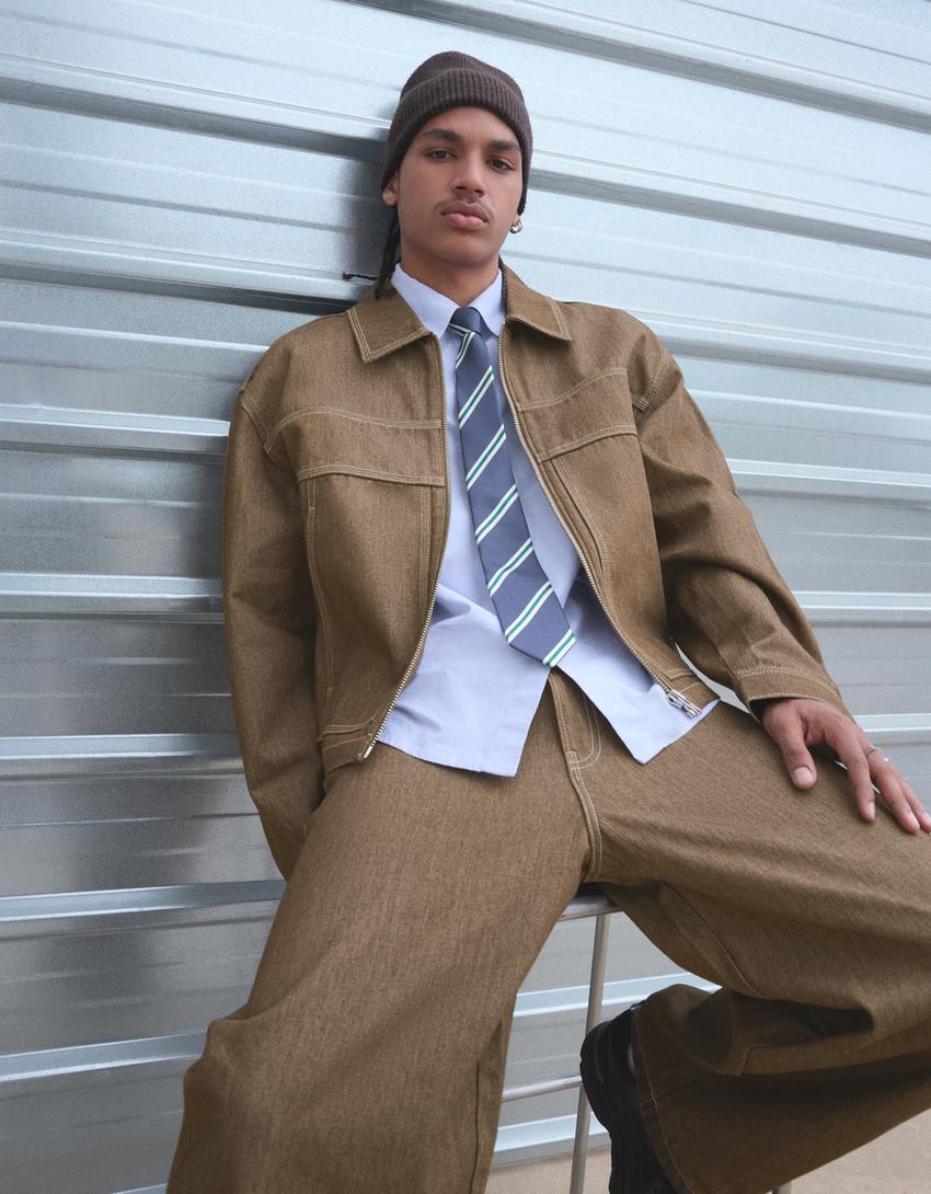 Chemise en denim à fermeture éclair-Marron