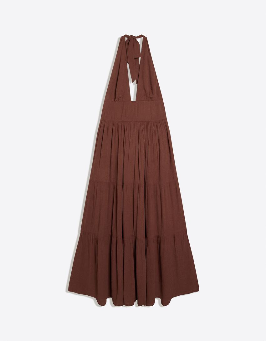 Rustic halter long dress-Brown