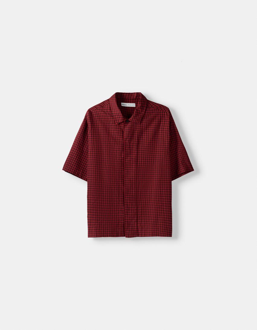 Check shirt with 3/4 length sleeves-Red-4