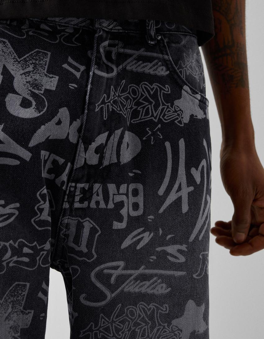 Щамповани дънки с разпусната кройка-Черно-3