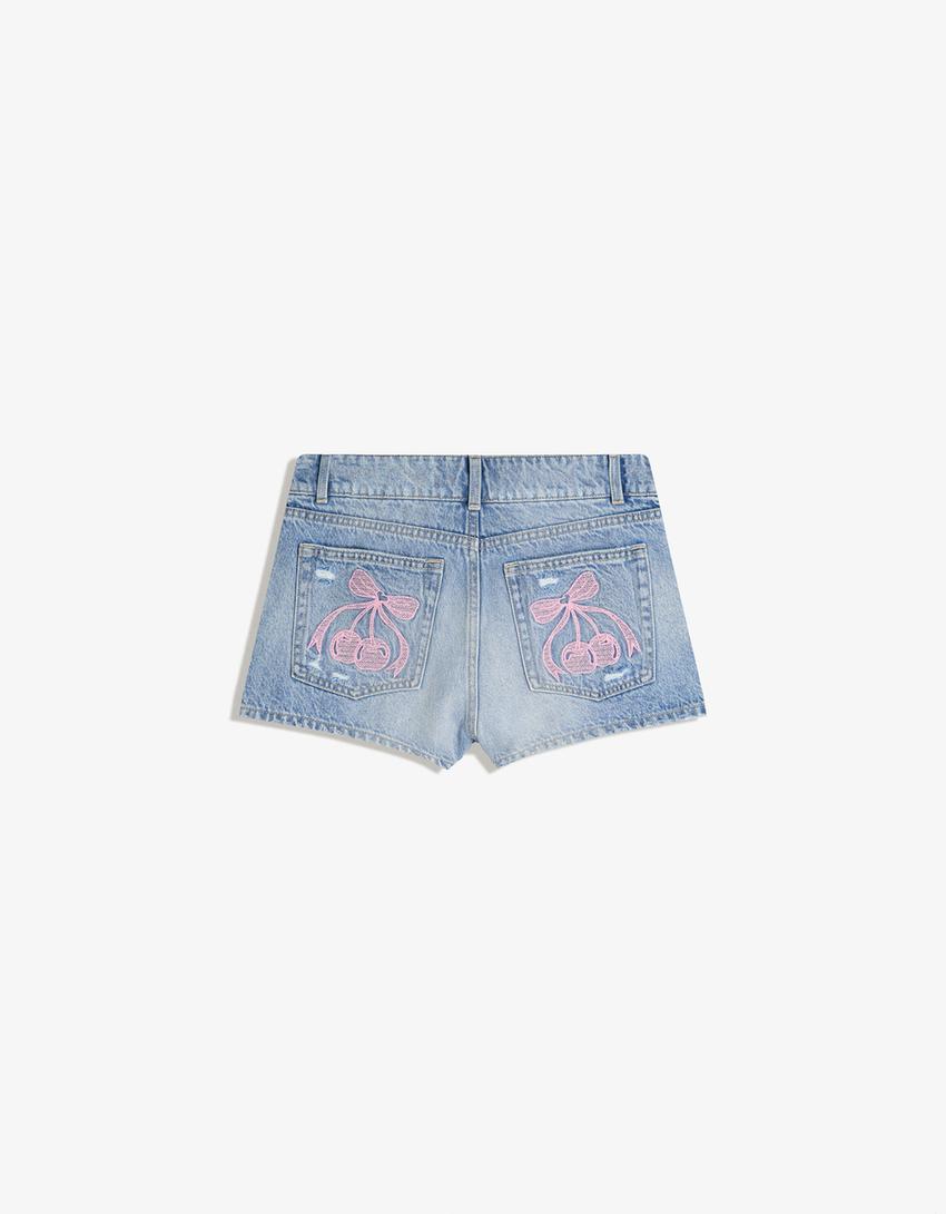 Printed denim shorts-Light blue