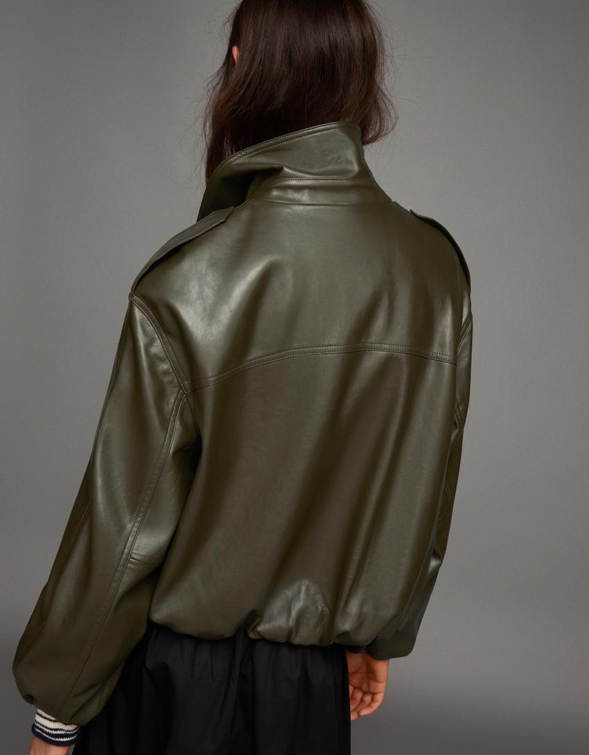 Leather effect balloon jacket-Khaki