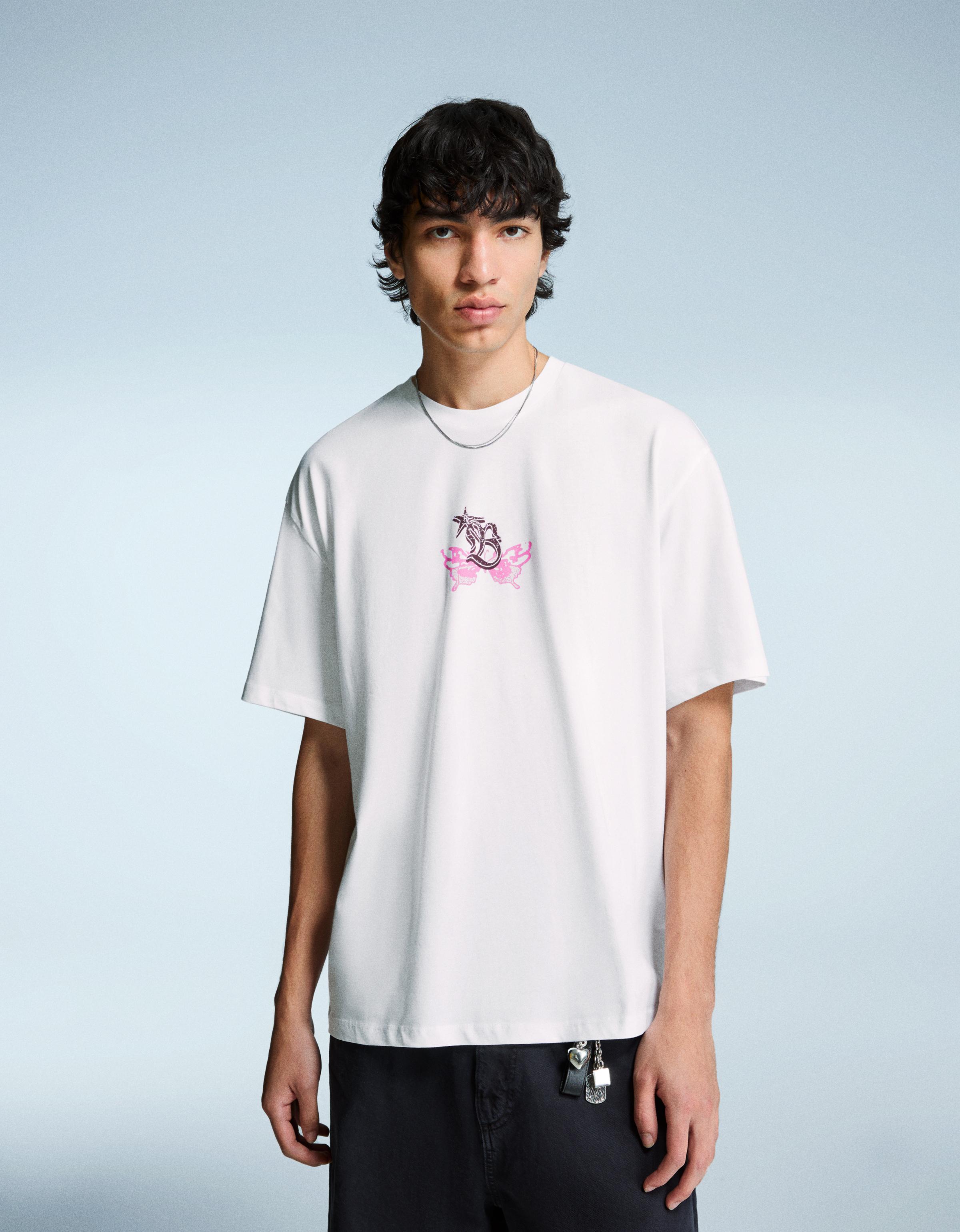 Bershka T-Shirt Mit Kurzen Ärmeln Und Print Herren Xs Weiss