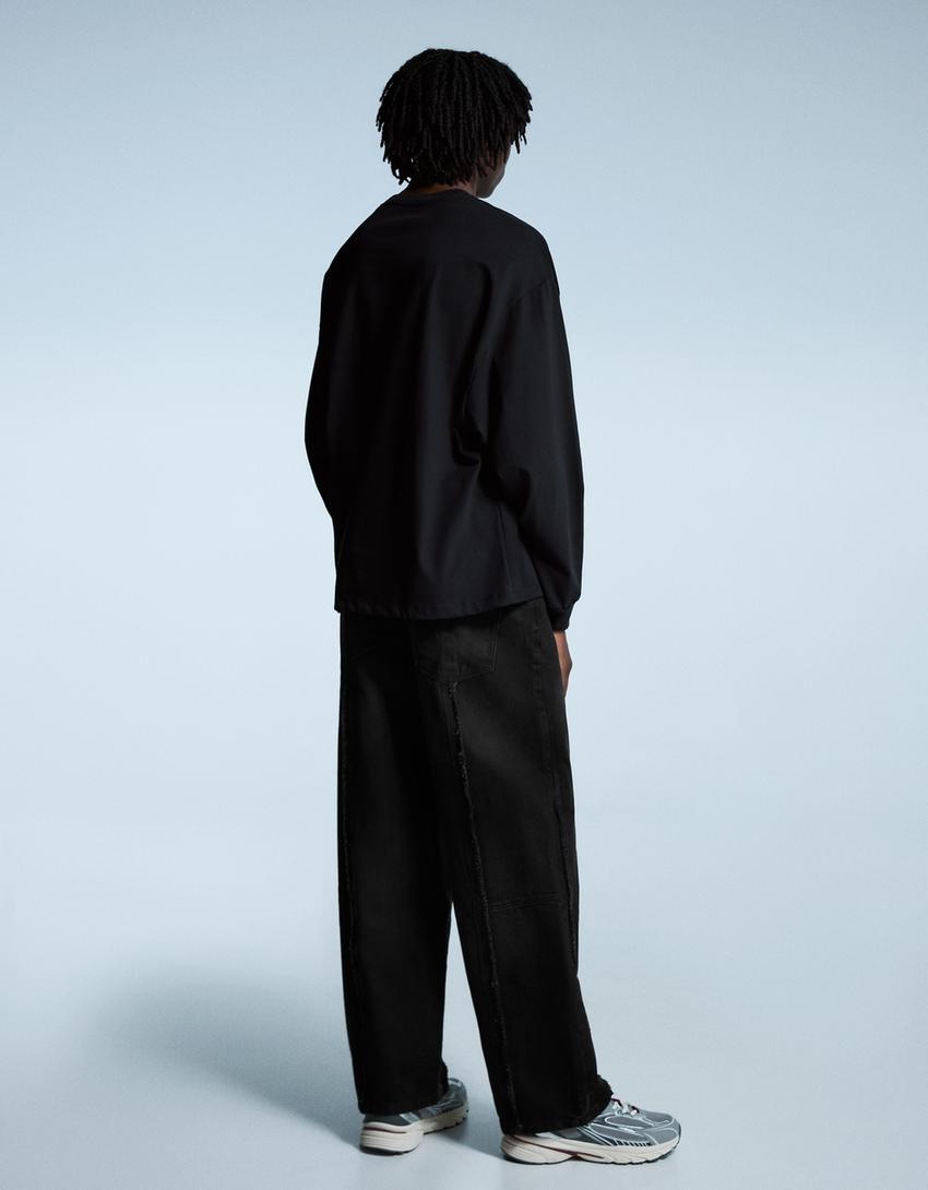 Super baggy fringe trousers-Black