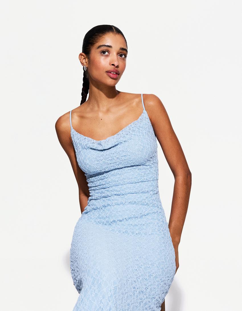 Vestido midi blonda encaje-Azul claro