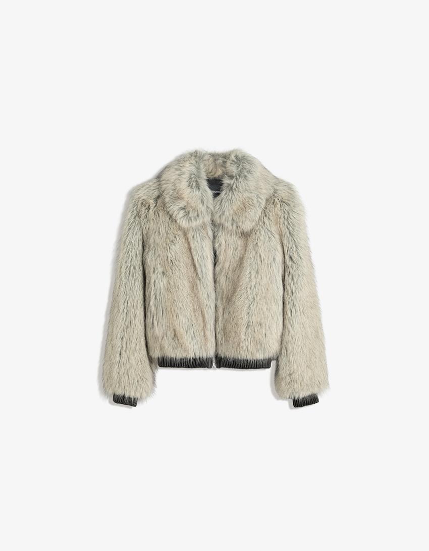 Zip-up faux fur jacket-Grey-1