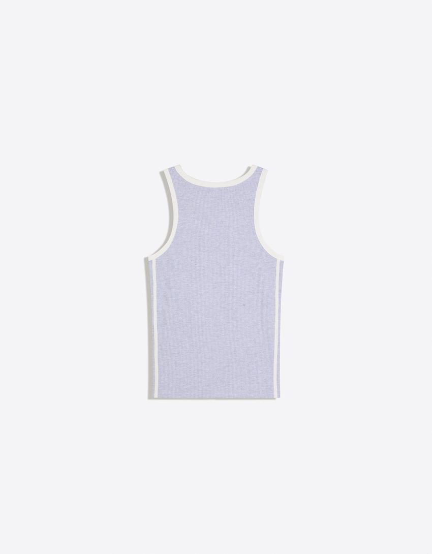 Contrast retro ribbed strappy T-shirt-Grey