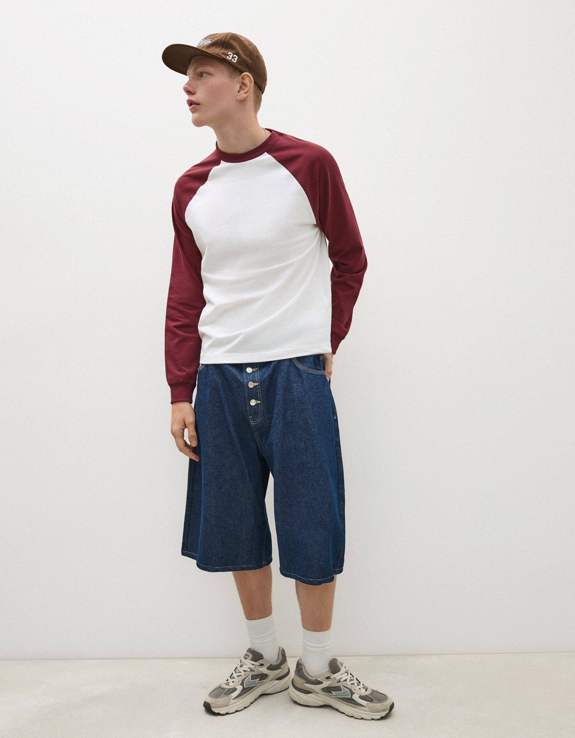 Bershka Camiseta Manga Larga Ranglan Hombre L Burdeos